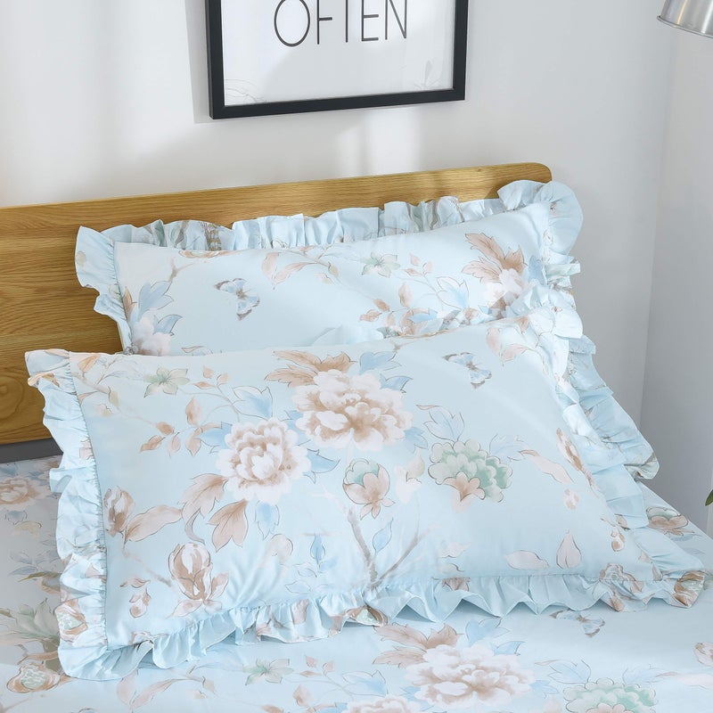 FADFAY Farmhouse Floral Bedding Shabby Blue Bird Print French Countryside Chic Bedding Set Luxury Bedskirt Collections 800 Thread Count 100% Egyptian Cotton, 4 Piece-King Size - Image 4